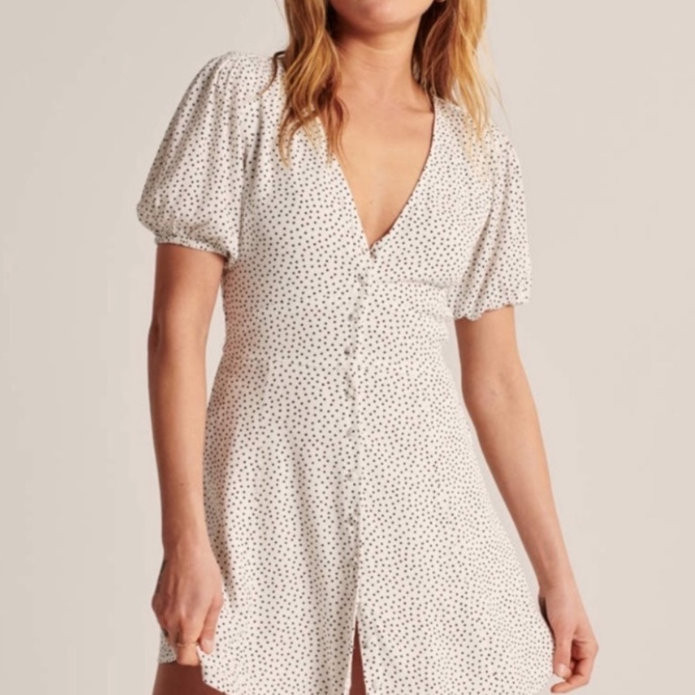 Puff Sleeve Button Front  Polka Dot Mini Dress